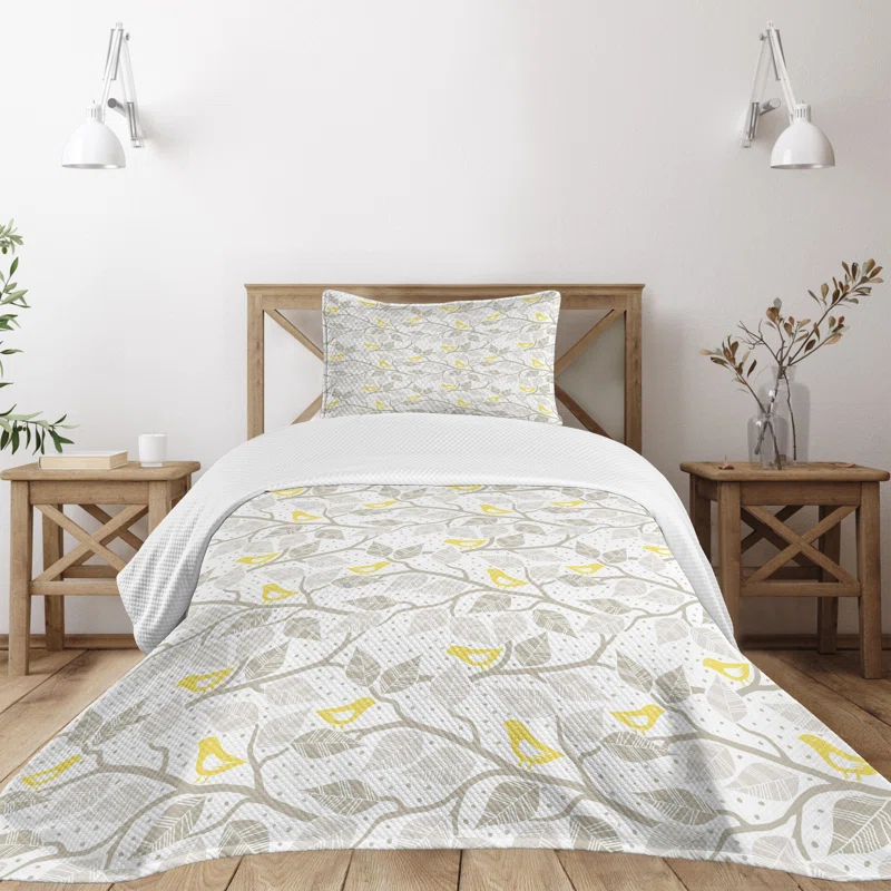 Ambesonne Ambesonne Grey and Yellow Bedspread Set Tree and Birds Grey Yellow and White