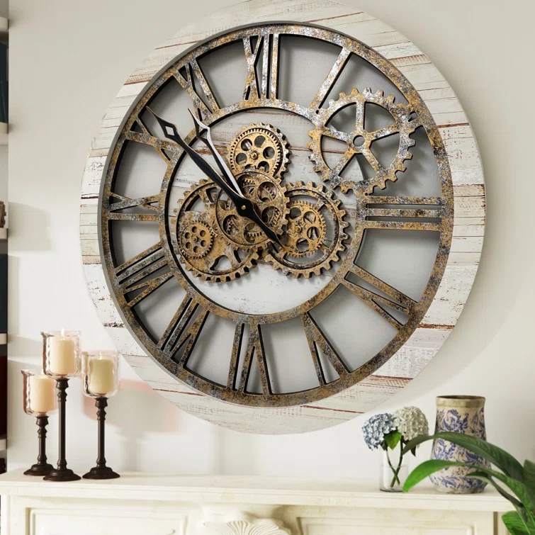 The Gears Clock Wall Clock 24" Round Oversized for Living Room decor with Real Moving Gears America Collection