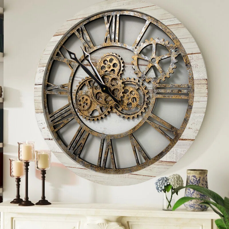The Gears Clock Wall Clock 24" Round Oversized for Living Room decor with Real Moving Gears America Collection