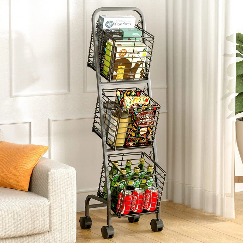 OUMIKEJI 3-Tier Fruit Basket Stand For Kitchen, Wire Market Basket Food Storage Stand With Wheels, Vegetable Produce Pantry Basket Organizer
