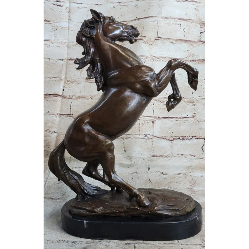 Charlton Home® Dumal Rearing Stallion Horse Bronze Sculpture Statue Figure On Marble Base By Lecourtier