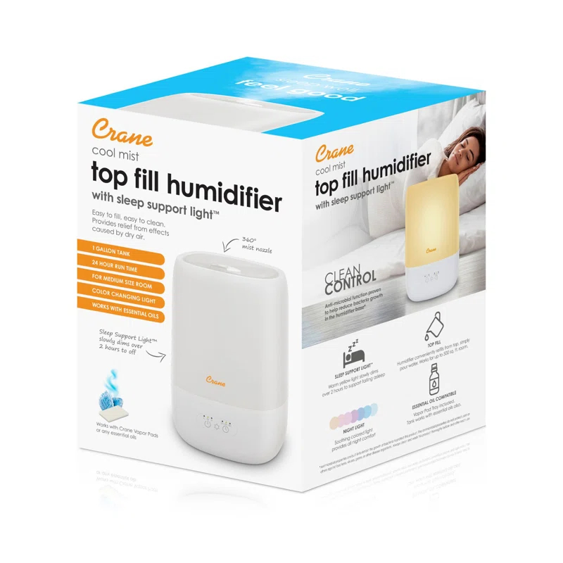 Crane USA Top Fill Cool Mist Humidifier - 1 Gallon with Sleep Support Light & Essential Oil Tray