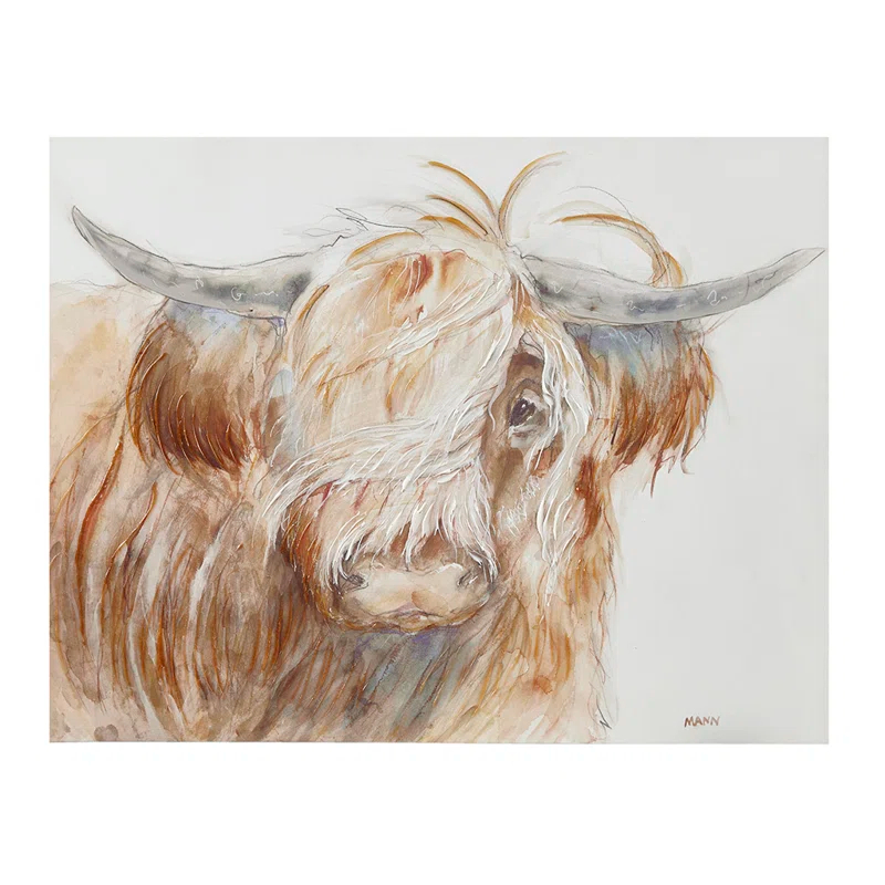 Union Rustic Windswept Hand Embellished Highland Bull Canvas Wall Art