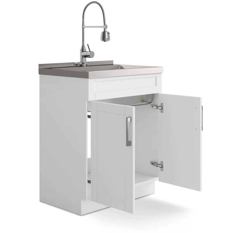 Simpli Home AXCLDYHEN28-SS Hennessy  All-in-One 28-inch Utility Sink & Cabinet in Pure White