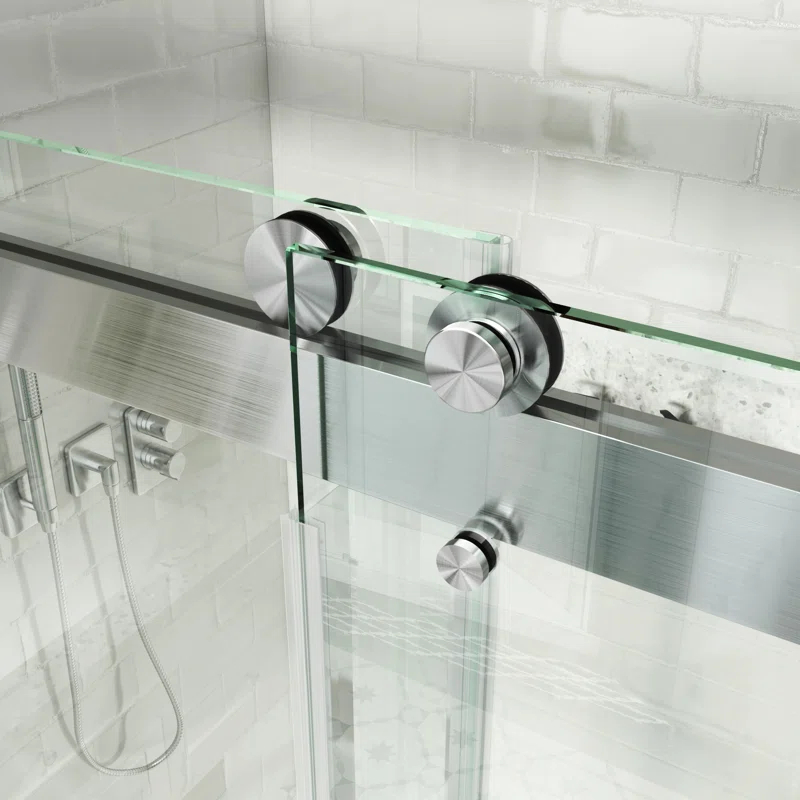 MCOCOD DS01H-7276-BR 72" W x 76" H x 2/5" THK Tempered Glass Double Smooth Sliding Frameless Shower Door with Towel Bar Handle & Knob & Anti-Collision Function
