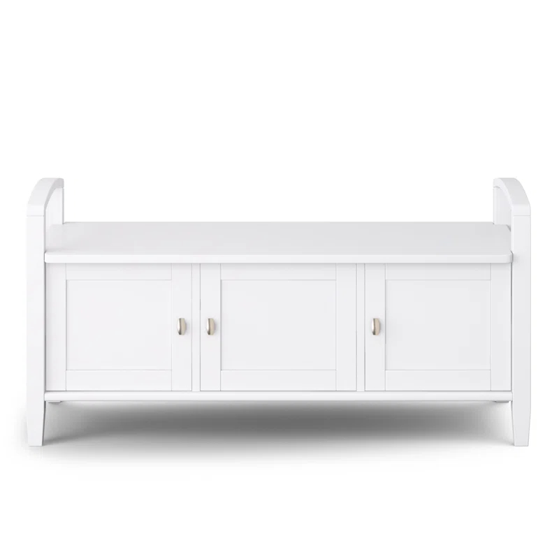 Simpli Home Warm Shaker 44"W Solid Wood Entryway Storage Bench with 3 Cabinets, Shaker-Style Doors and Interior Shelves
