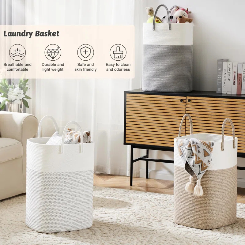 Beachcrest Home™ 60L Cotton Rope Woven Laundry Basket, Multifunctional Storage Sorter For Dirty Clothes In Bathroom And Living Room