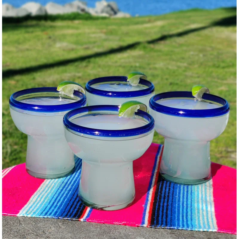 Longshore Tides Mexican Hand Blown Glass - Hand Blown Stemless Blue Rim Margarita Glasses (14oz) & Reviews | Wayfair