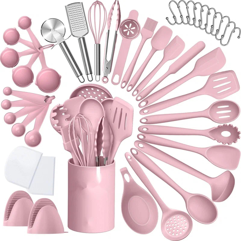 shuoli Silicone Cooking Kitchen Utensil Set, 43 Pcs Pink Cooking Utensils Set, Turner, Tongs, Spoon, Spatula, Kitchen Gadgets Tools Set For Nonstick Cookware, Heat Resistant (Dishwasher, BPA Free)