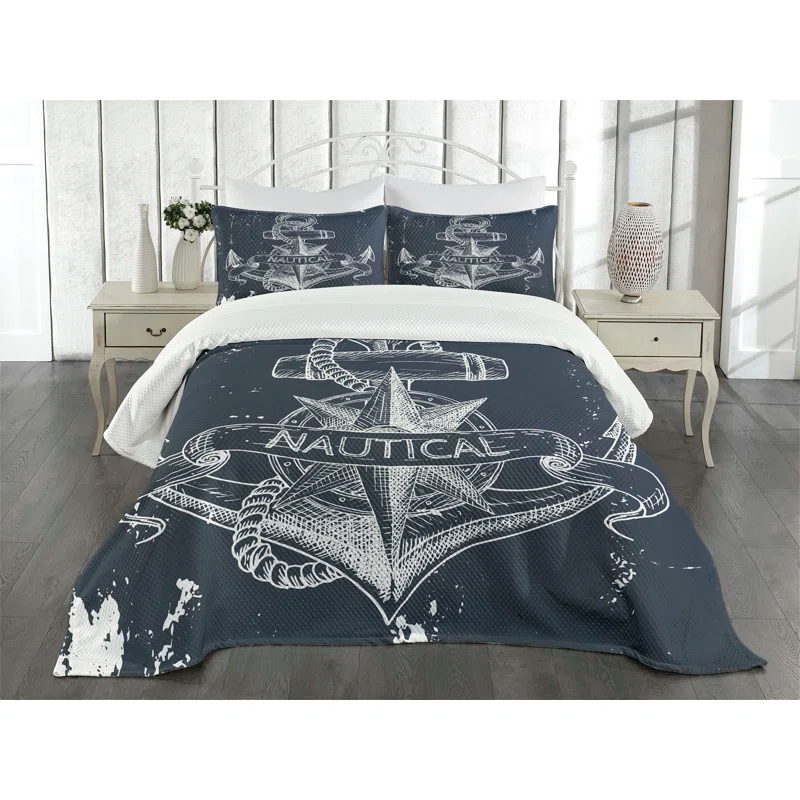 Ambesonne Ambesonne Nautical Bedspread Set Knot Anchor Compass Dark Blue White