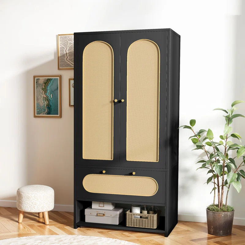 Bay Isle Home™ Modern Rattan Armoire Closet with Doors, Drawer, and Hanging Rod