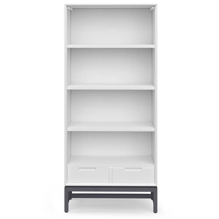 Simpli Home Banting 30"W Solid Wood 4 Shelf Industrial Bookcase with 2 Drawers, Adjustable Shelves, and Metal Base