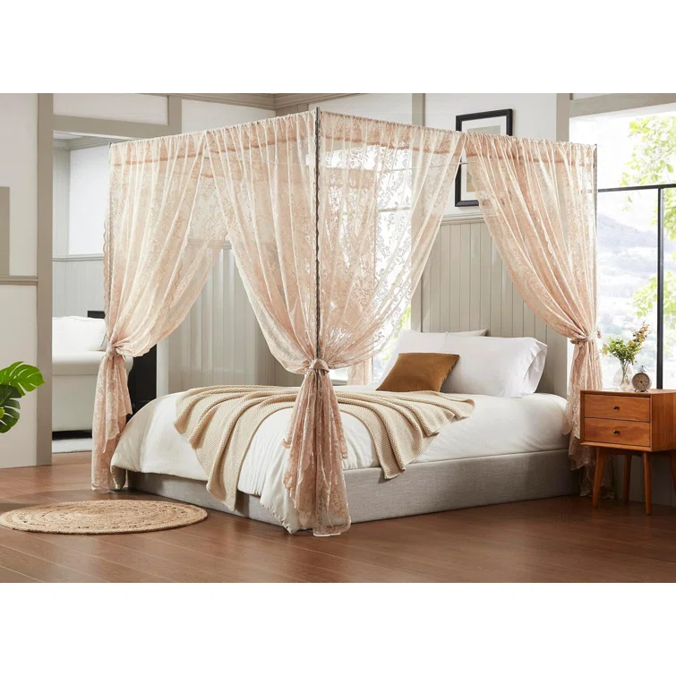 WARM HOME DESIGNS 8 Piece Lace Canopy Bed Curtains Set With Tie-Backs for Queen or King Bed (Set of 8)