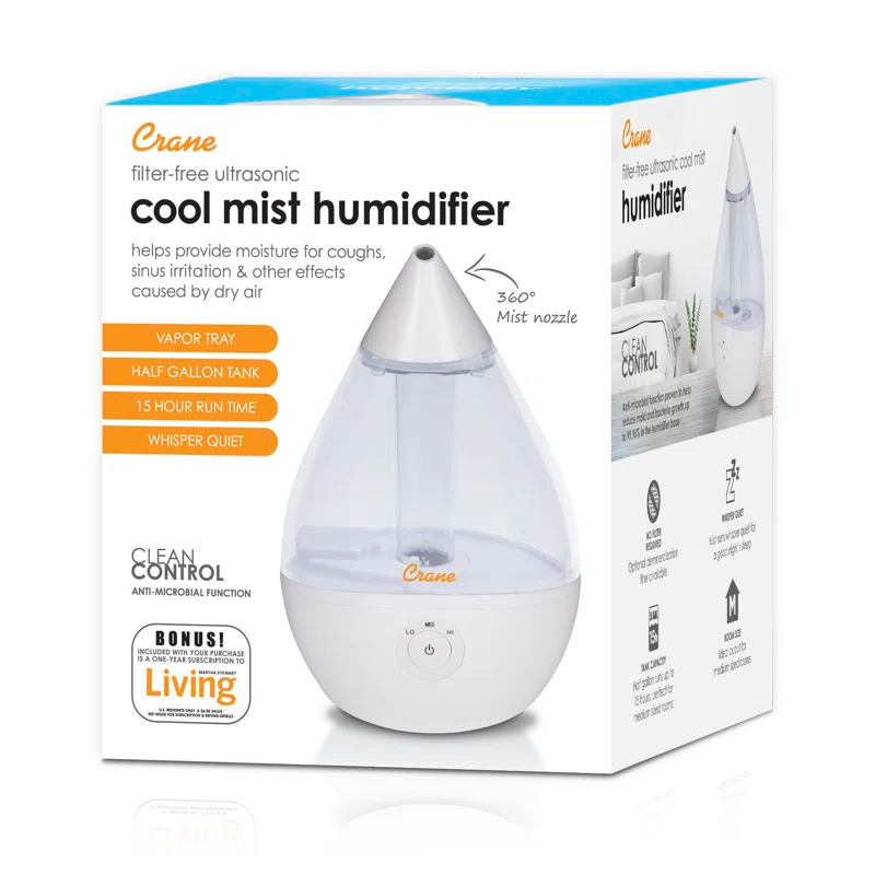 Crane USA Droplet Cool-Mist Humidifier with Vapor Tray, 0.5. Gal. - Clear & White
