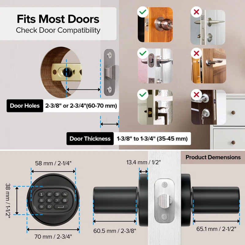 Keyless Entry Door Lock, Fingerprint Door Lock With Keypad Biometric Door Handle, Automatic Locking, For Interior Doors Up To 2-1/4" Thick, Bedroom, Home Office, Garage, 4 AA Alkaline Batteries, MD1 Black