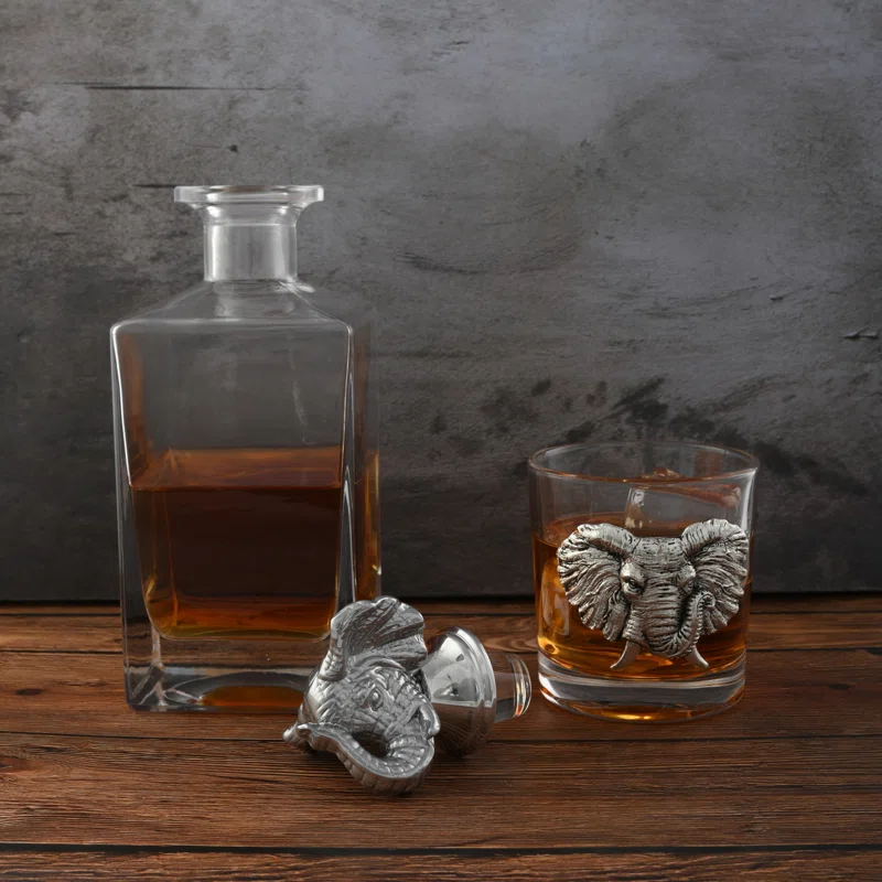 Arthur Court Designs Elephant Glass Whiskey Decanter with Pair of Double Old Fashion Glasses