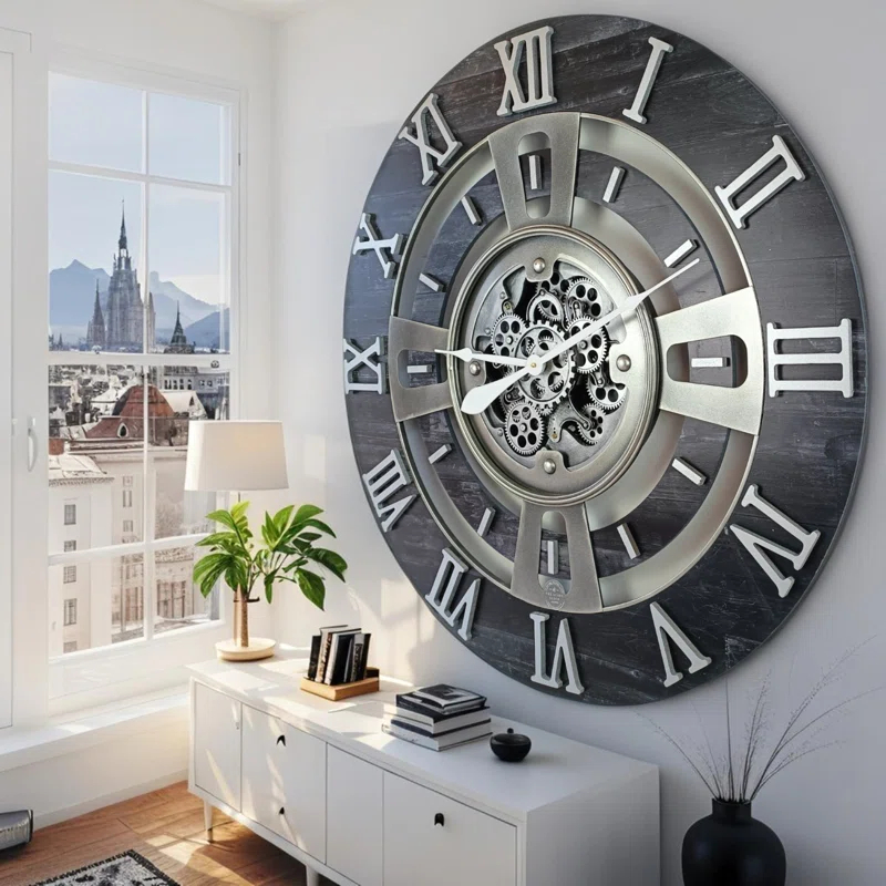 THE GEARS CLOCK Wall Clock with Real Moving Gears EN-LI_ 36 in Round Vintage-Black
