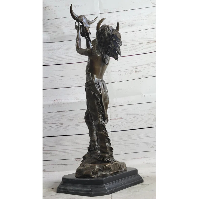 Canora Grey Taylee Native American Indian Shaman Medicine Man Holding Bison Skull Bronze Statue Sculpture 23" X 11"