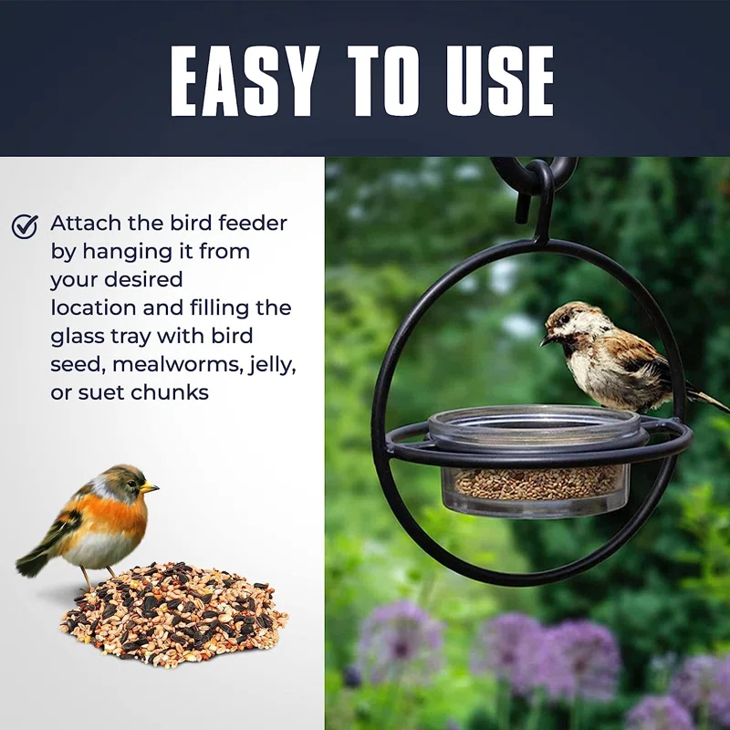Monarch Abode Hanging Zazu Bird Feeder with Clear Glass Bowl, Perch, Outdoor Decor for Garden Backyard Patio