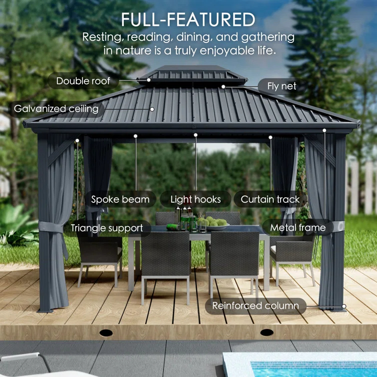 Kozyard Kozyard Caesar Gray Double Roof Hardtop Gazebo with Privacy Curtain and Mosquito Netting