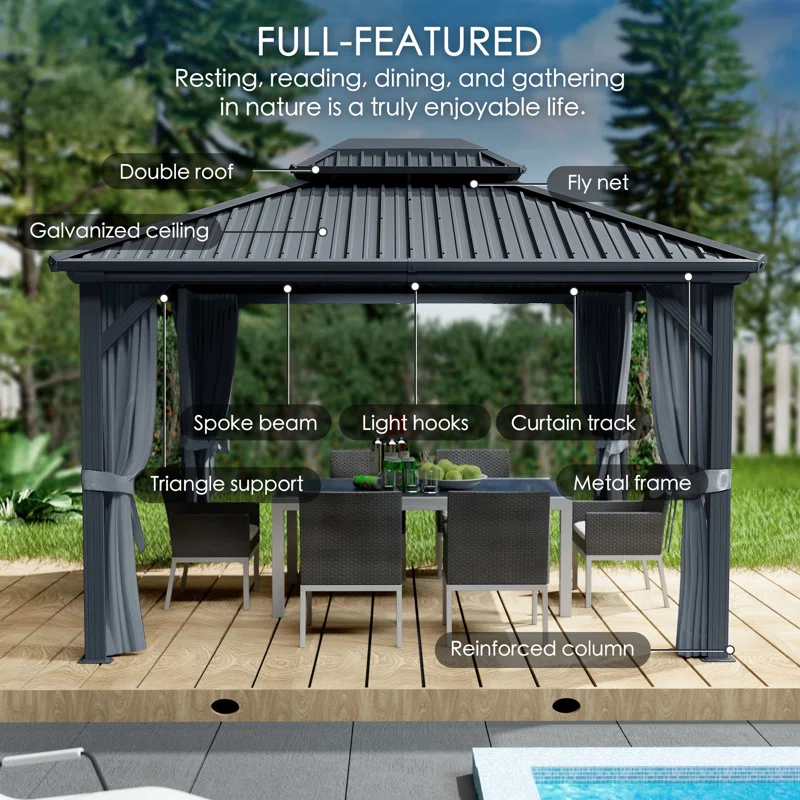 Kozyard Kozyard Caesar Gray Double Roof Hardtop Gazebo with Privacy Curtain and Mosquito Netting