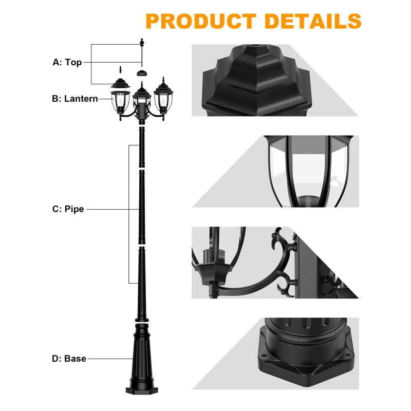 HONGKONG YEEZEN LIGHTING CO., LIMITED Lamp Post Outdoor Lighting, 3-Head Black Hard Wired Pole Light For Outside, E26 Base Maximum 100W (Bulb Not Included), Waterproof Street Light Fixture For Yard, Garden, Driveway (Classic)