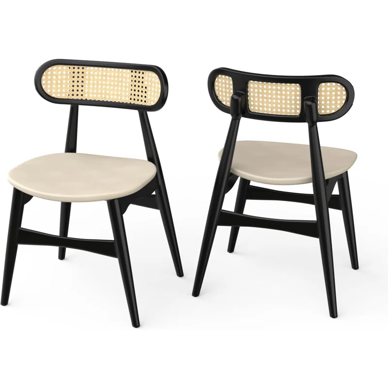 Bayou Breeze Set of 2 Black Wood Dining Chairs with Rattan Backrest (Set of 2)