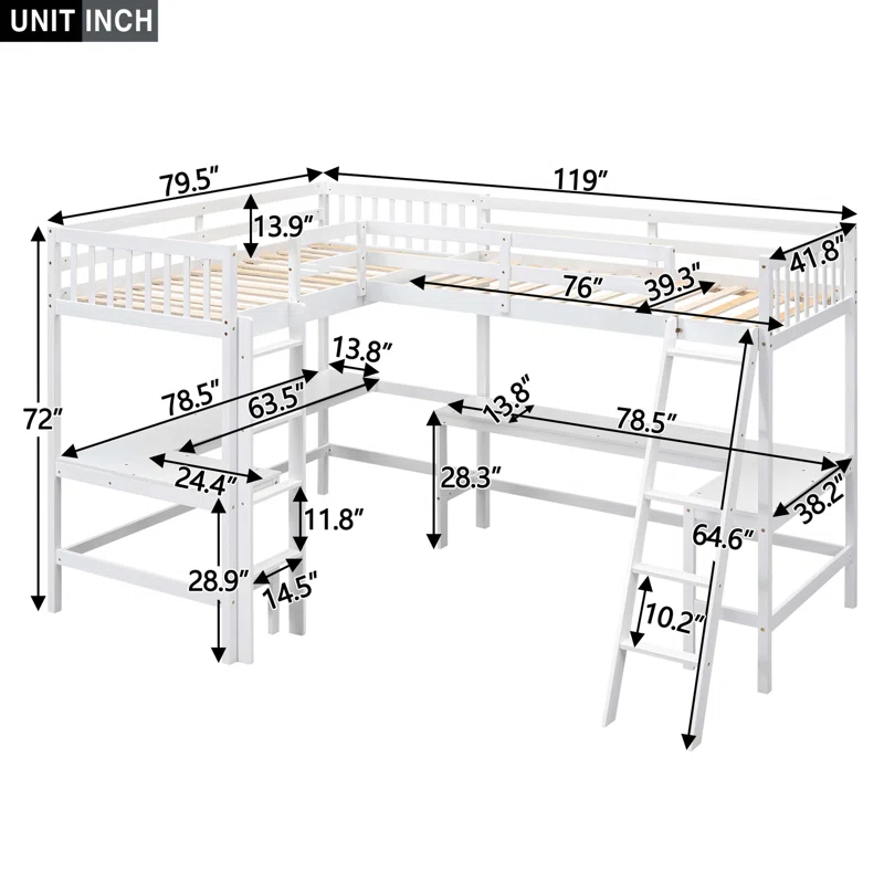 Blendoi Brooke Wood Twin Size L-Shaped Loft Bed with Ladder and 2 Built-in L-Shaped Desks, White