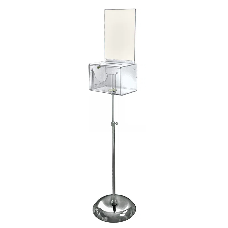 Azar Displays Large Clear Lottery Box with Pocket, Lock and Keys on Pedestal