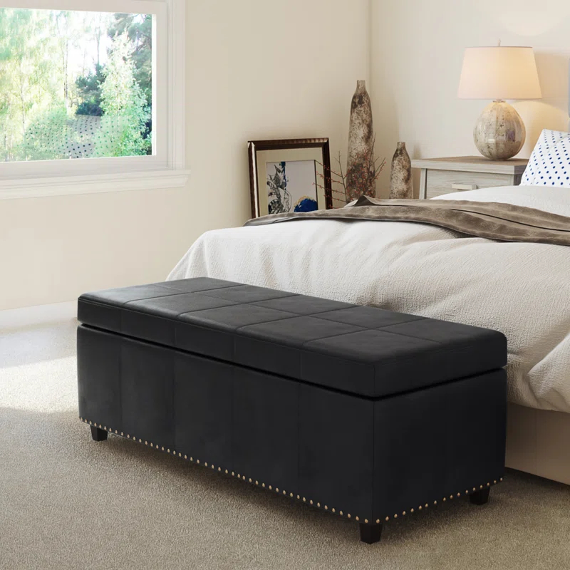 Simpli Home Kingsley 48"W Upholstered Storage Ottoman with Lift-Top Lid, Nailhead Trim, and Stitching Detail