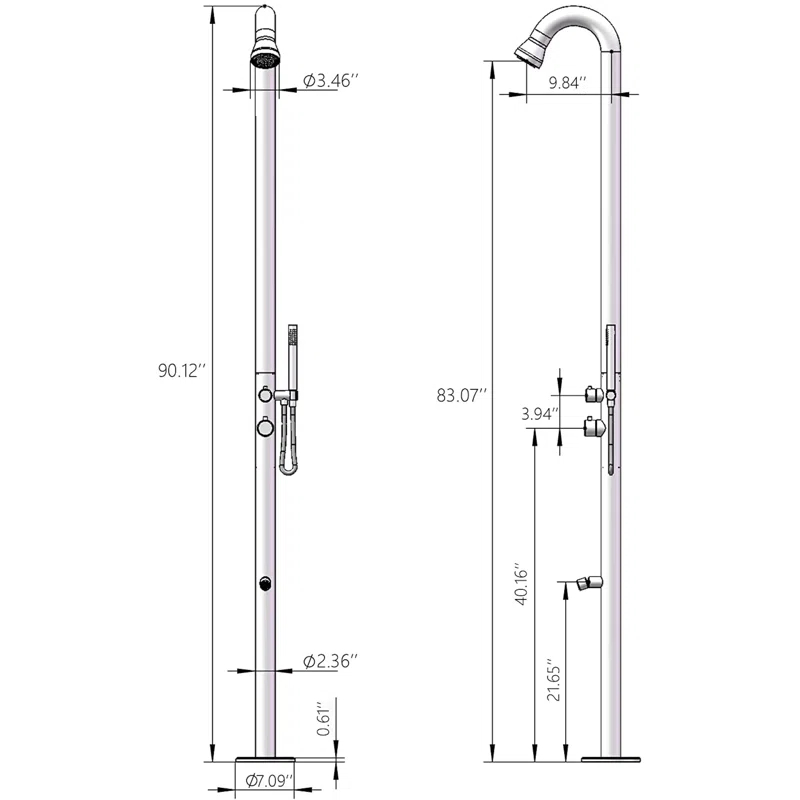 90.12'' H Temperature Controlled Portable Stainless Steel Freestanding Outdoor Shower and Footwash Spout