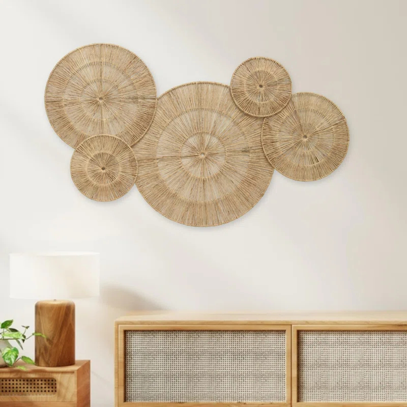 18 Inch Wicker Jute Wall Decor, Set Of 5 Large Woven Jute Wall Plates, Large Decorative Baskets For Wall Arts, 18", 14", 11", 8", 7", Farmhouse Wall Hanging For Bedroom, Living Room