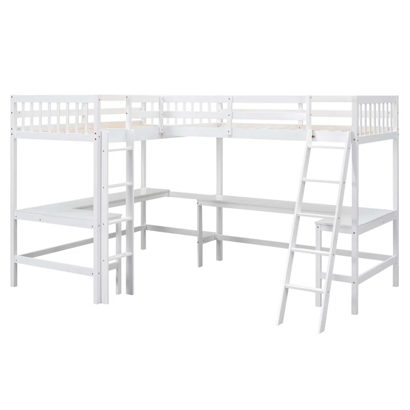 Blendoi Brooke Wood Twin Size L-Shaped Loft Bed with Ladder and 2 Built-in L-Shaped Desks, White