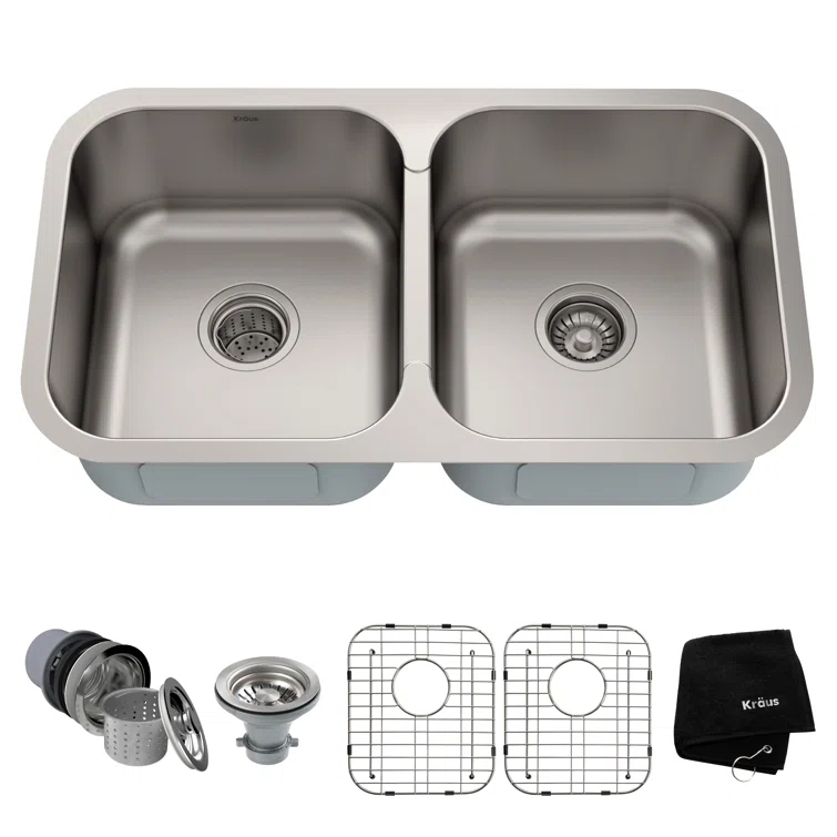 Kraus KRAUS Premier 32-inch L 18 Gauge Undermount 50/50 Double Bowl Stainless Steel Kitchen Sink KBU29