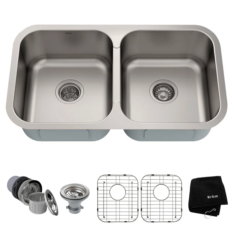 Kraus KRAUS Premier 32-inch L 18 Gauge Undermount 50/50 Double Bowl Stainless Steel Kitchen Sink KBU29