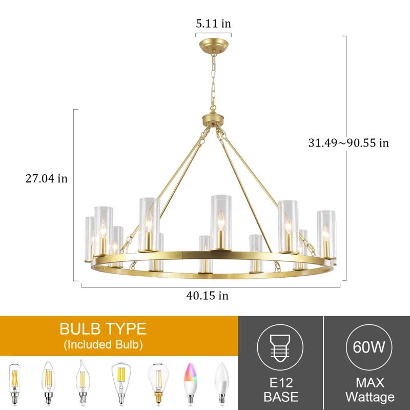 Mercer41 12 - Light Dimmable Wagon Wheel Chandelier With Clear Lampshade