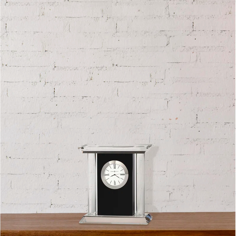 Colonnade Modern & Contemporary Roman Numeral Crystal Quartz Movement / Crystal Tabletop Clock in Black Glass/Silver