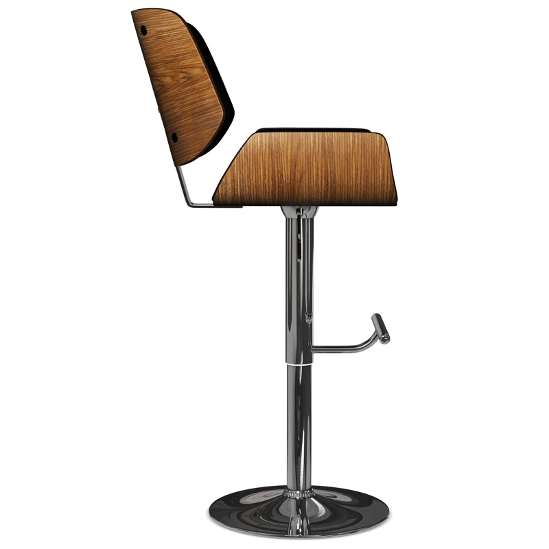 Simpli Home Dixie Adjustable Swivel Upholstered Mid-Century Modern Bar Stool with Bentwood Frame and Footrest