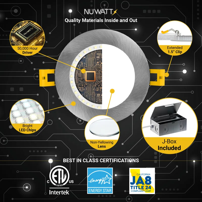 NUWATT NW-P-DL-6-15W-5CT-BN-12P Panel Downlight 6.88'' Selectable Color Temperature Dimmable Air-Tight IC Rated LED Canless Recessed Lighting Kit (Set of 12)