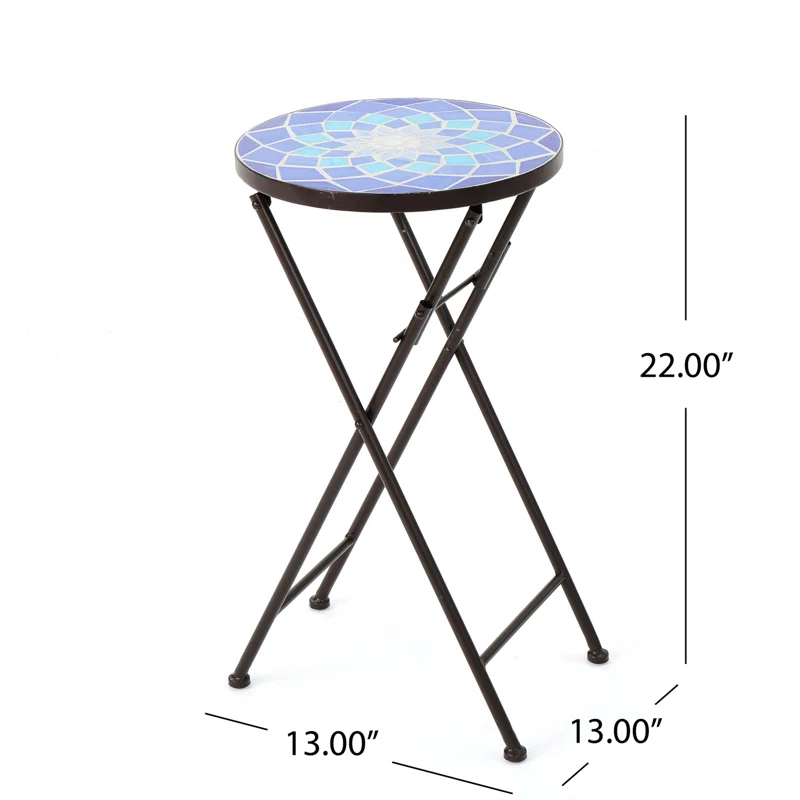 Fleur De Lis Living Folding Blue and White Top Side Table with Iron Frame, Multifunctional Plant or Beverage Stand