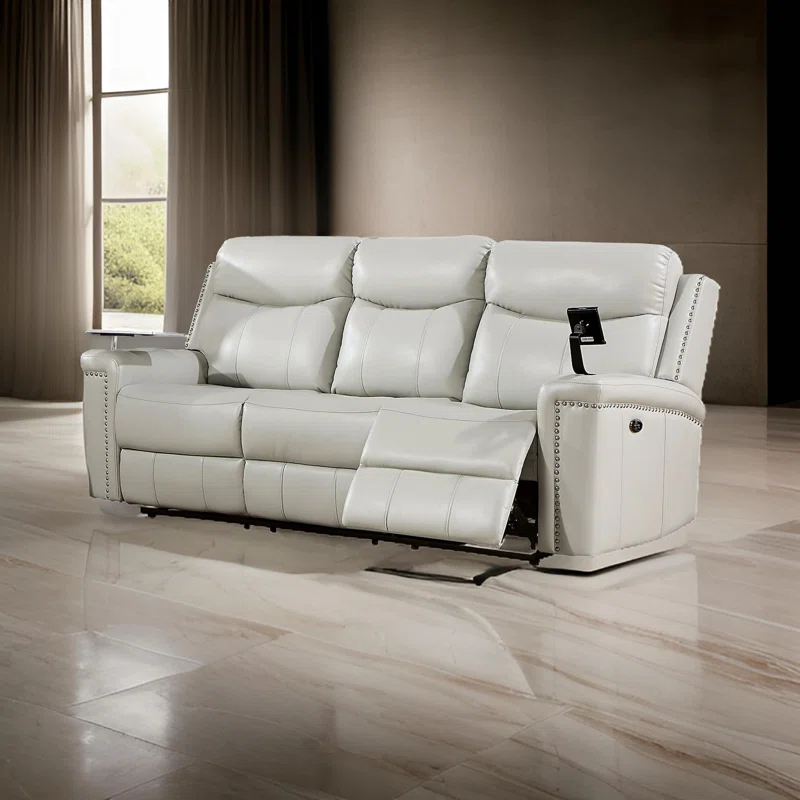 Benjara Flo 87 Inch Power Recliner Sofa, USB, Nailhead, Faux Leather, Light Gray | Wayfair
