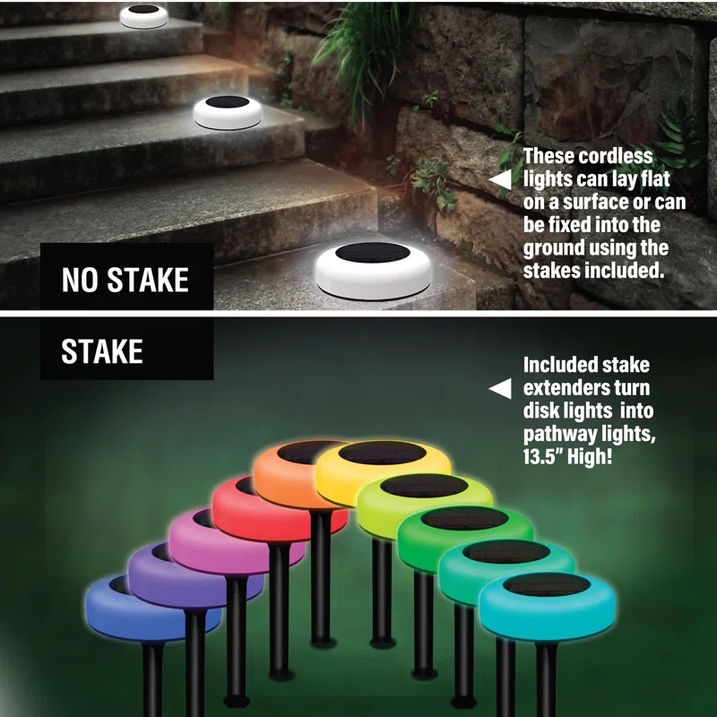 Bell + Howell Bell+Howell Color Changing Outdoor Solar Powered Garden Disk Lights, Wireless Auto On/off Lights (Set of 8)