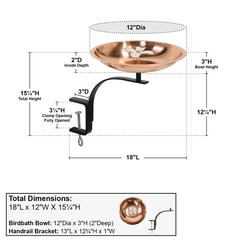 Dogwood Birdbath with Rail Mount Bracket