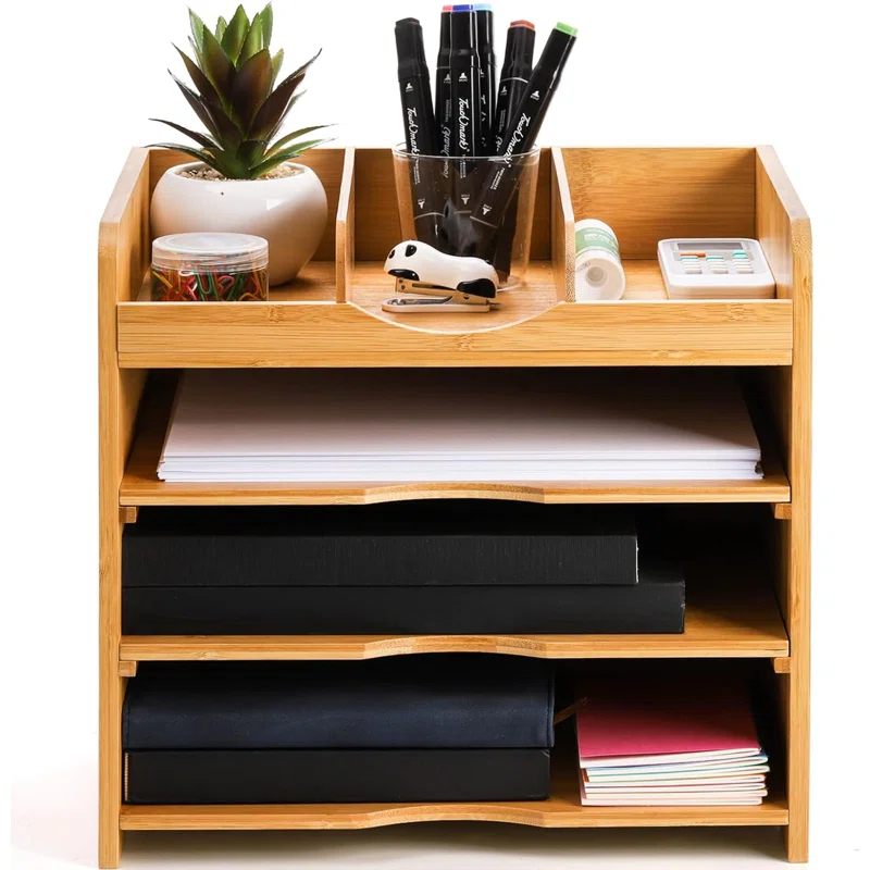 Hokku Designs Bamboo Desk File Organizer,Document Letter Tray Sorter With 2 Adjustable Shelves, 4 Tier Mail Organizer Countertop