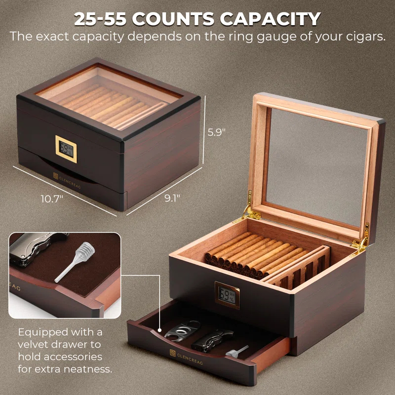 GLENCREAG GLENCREAG MMT-3041 Cigar Humidor Box for 55 Counts, Spanish Cedar Lining, Digital Hygrometer