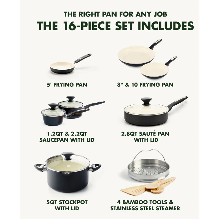 GreenPan GreenPan Rio Healthy Ceramic Nonstick 16 Piece Cookware Pots and Pans Set, PFAS-Free, Dishwasher Safe