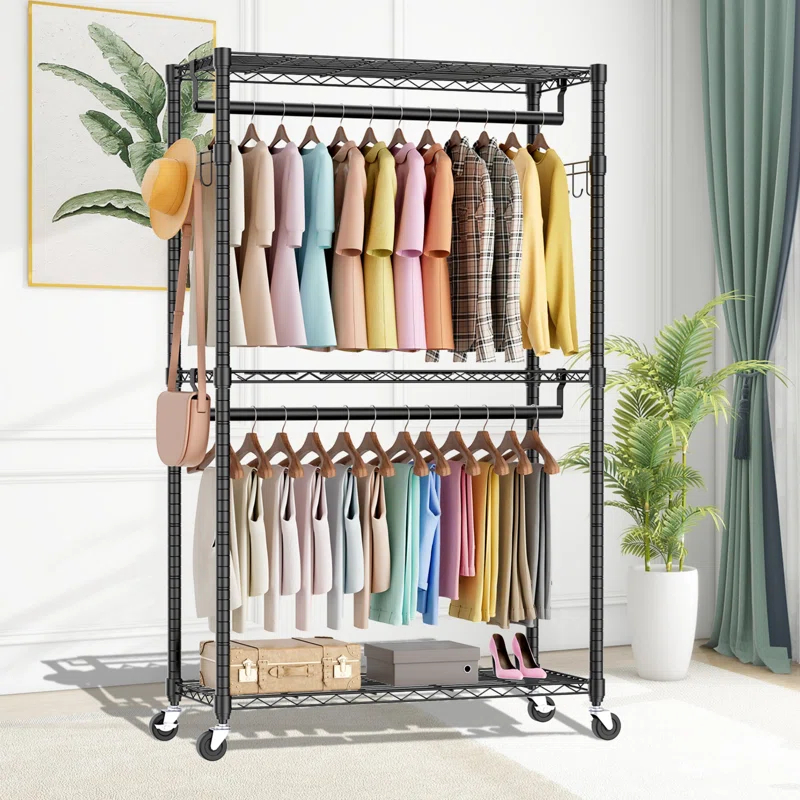 3 Tiers Rolling Clothes Rack With Wheels, Hanging Rods And Side Hooks