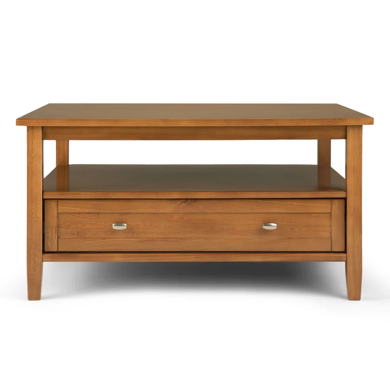Simpli Home Warm Shaker 36"W Solid Wood Square Coffee Table with Two Drawers and Open Shelf