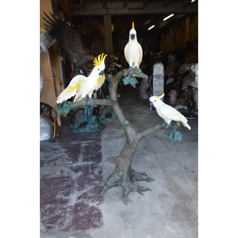 Nifao Statues Three Cockatoo on a Tree Bronze Statue -  Size: 55"L x 34"W x 68"H.