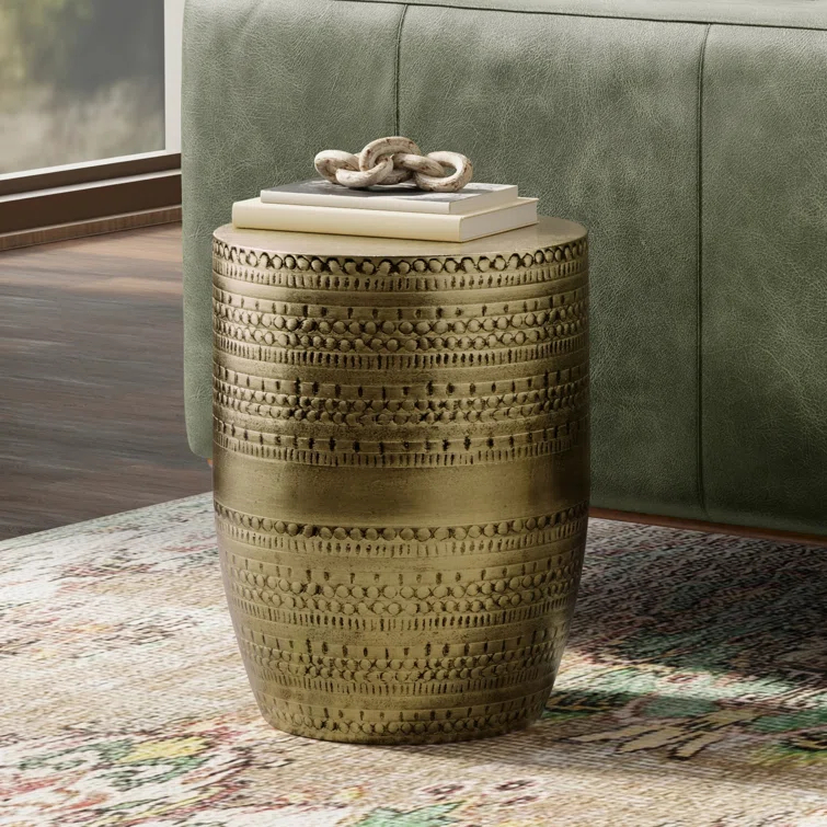 Bungalow Rose Johnsen 15"W Metal Industrial Boho Tribal Pattern Drum End Table with Textured Finish, Assembled